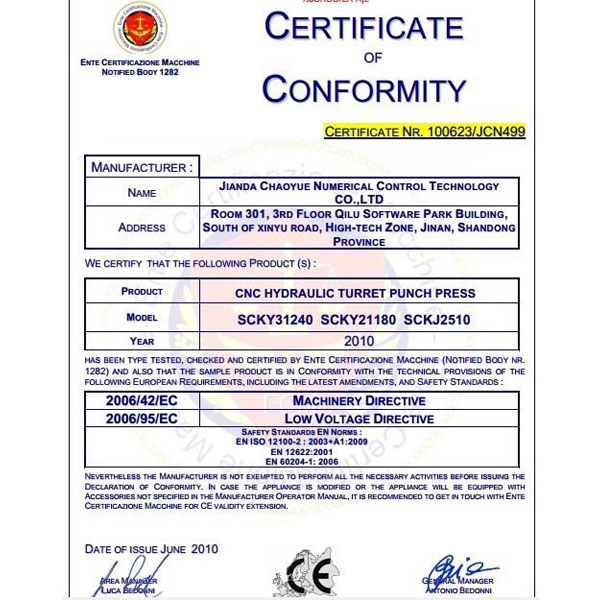 CE certificate: CNC turret punch press